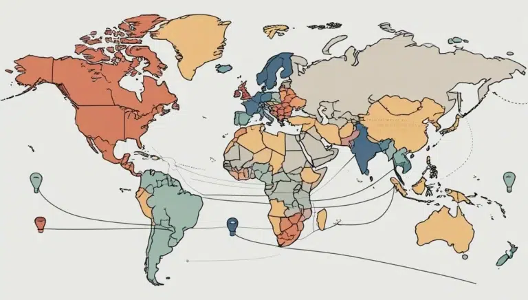Global-Weight-Measurement-Systems World map showing interconnected countries, illustrating global relationships and geographical connections.