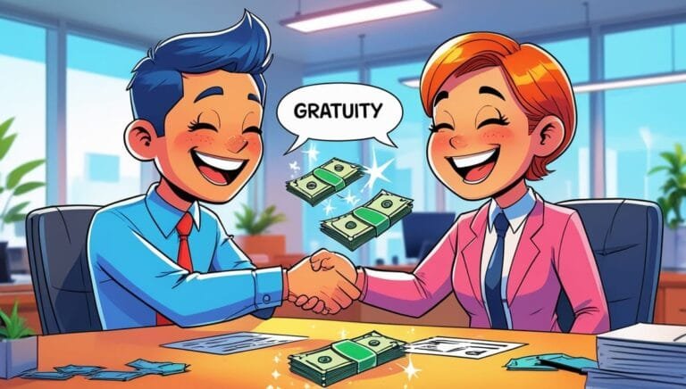 A man and woman in business attire shake hands across a desk with stacks of cash, smiling widely. A speech bubble reads "GRATUITY," conveying success and agreement.