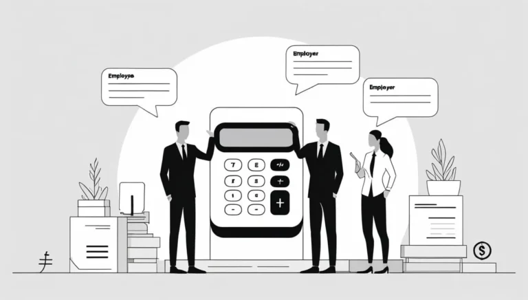 Gratuity Calculator Tool Gratuity Calculator Tool Illustration of three businesspeople, two men and a woman, standing around a giant calculator with speech bubbles labeled "Employee" and "Employer." The setting includes office decor, like plants and file cabinets, conveying a professional tone.