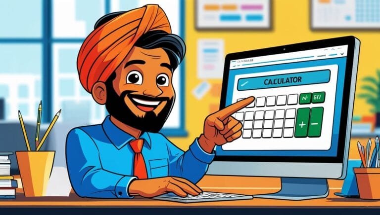 Animated illustration of a smiling man in a turban using a computer, pointing at a digital calculator on the screen. The setting is a bright, organized office.