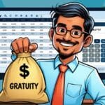Smiling man in glasses holding a bag labeled "Gratuity" in front of a computer showing financial data. Scene conveys efficiency and satisfaction."Gratuity Calculator Tool"