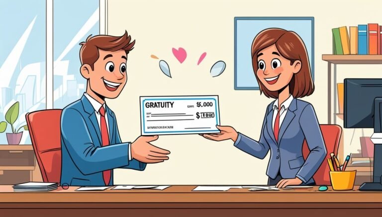 A smiling cartoon man and woman in suits exchange a large check labeled "Gratuity" for $1,000, displaying excitement. Office setting with colorful decor.