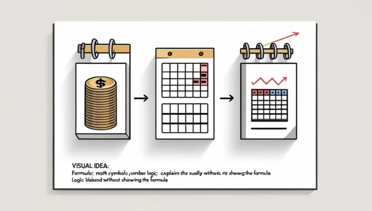 Gratuity Calculator Tool Gratuity Calculator Tool Alt text: Illustration showing a sequence of three diagrams with arrows pointing from left to right. The first shows a stack of coins with a dollar sign. The second is a calendar grid with some squares in pink. The third has a calendar with red and blue line graphs, and a red upward arrow. The image conveys financial growth and planning over time. Text below reads: "Visual Idea: Formula; math symbols; number logic; explain visually without showing the formula; logic, understand without showing the formula."