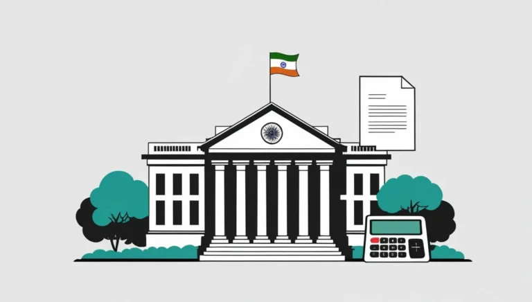 Gratuity Calculator Tool Gratuity Calculator Tool Illustration of an Indian government building with a flag, flanked by trees and a large calculator, symbolizing finance; a document hovers above.