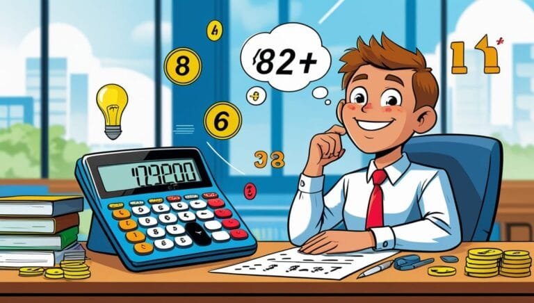 A cheerful person is sitting at a desk in a bright office, calculating with a large colorful calculator. Numbers and math symbols float around them.