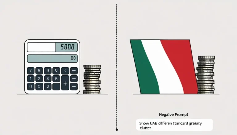 Gratuity Calculator Tool Gratuity Calculator Tool Illustration split in half: Left shows a calculator with "5000" alongside stacked coins. Right displays an angled tricolor flag with more stacked coins.