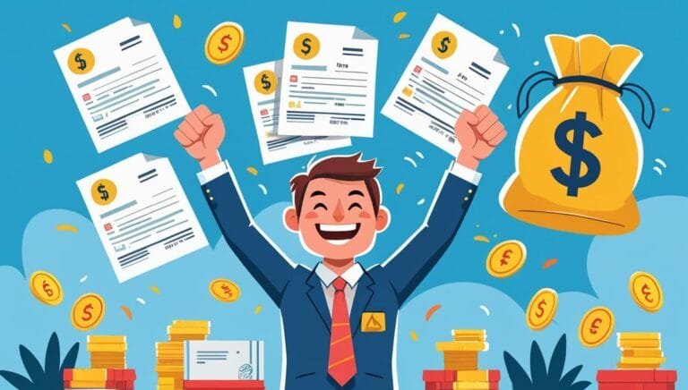 A joyful character in a suit raises their fists, surrounded by flying documents and coins. A large money bag is in the background, symbolizing financial success.