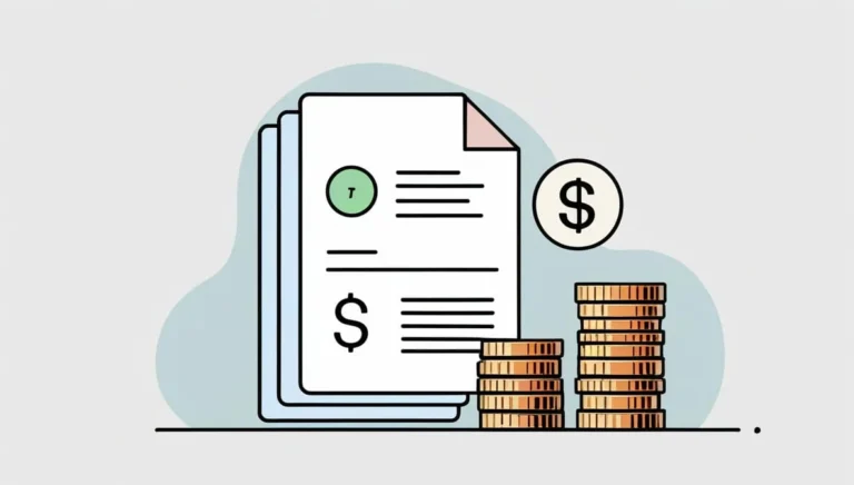 Gratuity Calculator Tool Gratuity Calculator Tool Illustration of financial documents with dollar signs and coin stacks, symbolizing finance or budgeting. The background is a light gray with a blue shape.