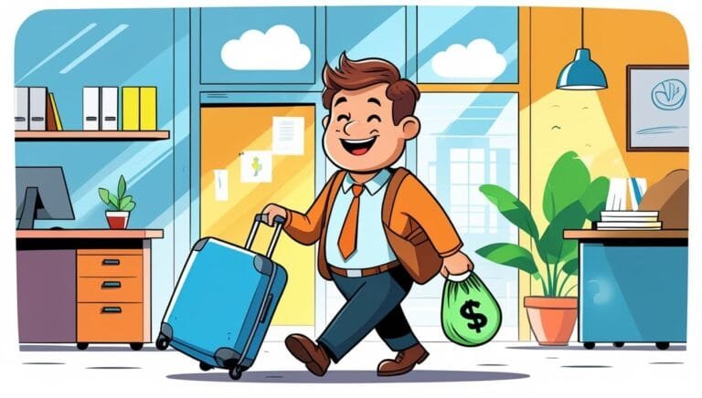 A cheerful man in a suit walks through an office carrying a suitcase and a money bag. The bright, tidy office has plants and shelves, conveying success.