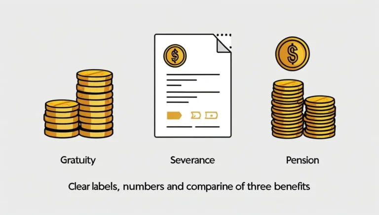 Gratuity Calculator Tool Gratuity Calculator Tool Stacks of coins labeled "Gratuity" and "Pension" flank a document with a coin labeled "Severance." Text reads: "Clear labels, numbers and comparing of three benefits."