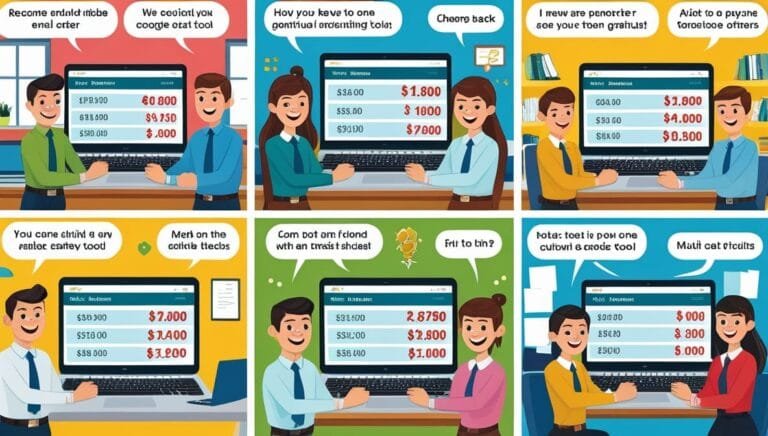 A comic panel with six scenes showing people exchanging gibberish phrases in speech bubbles. Each scene depicts two people happily gesturing at a computer displaying random numbers. The setting includes bright colors, bookshelves, and decorative plants, creating a cheerful and humorous tone.