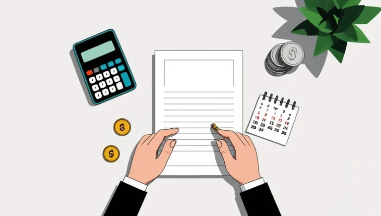Gratuity Calculator Tool Gratuity Calculator Tool Illustration of hands writing on paper surrounded by a calculator, coins, a calendar, and a plant. The scene conveys a financial planning theme.