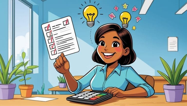 A cheerful woman in an office holds a checklist with checkmarks. Lightbulbs and stars above her suggest ideas. Potted plants and a city view add a vibrant feel.