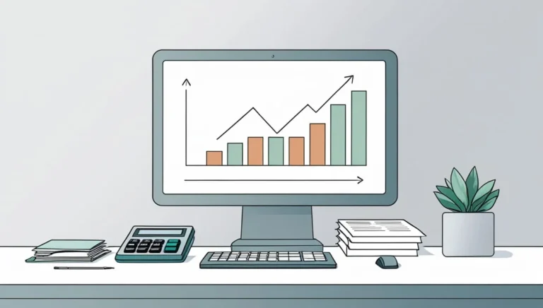Gratuity Calculator Tool Gratuity Calculator Tool A desk with a computer displaying an upward-trending bar graph. Nearby are a calculator, stacked papers, pen, and a small potted plant, conveying productivity.