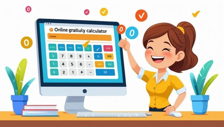 A cheerful woman in a yellow shirt stands beside a computer displaying an "Online gratuity calculator." She is smiling and giving a thumbs-up.