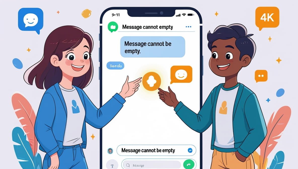 How to create invisible characters A smiling girl and boy point at a large smartphone screen displaying "Message cannot be empty." Bright, cheerful colors and icons surround them.