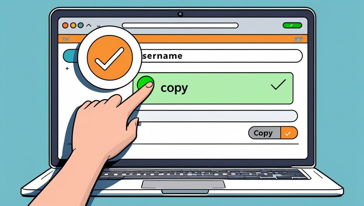 How to create invisible characters A cartoon hand clicks a green "copy" button on a laptop screen with a username field. The scene conveys ease and success in digital tasks.