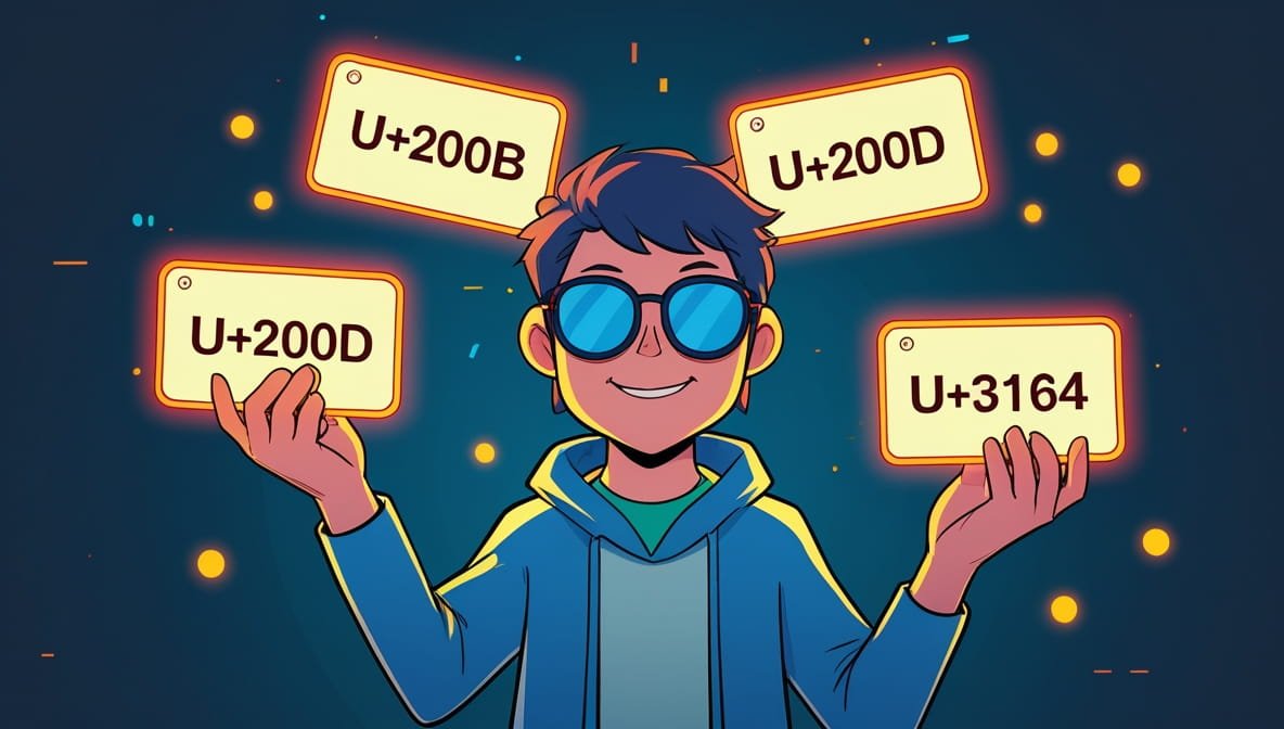 How to create invisible characters A smiling character with blue sunglasses and a hoodie holds four emoji code signs glowing yellow: U+200B, U+200D, U+3164 against a dark background.