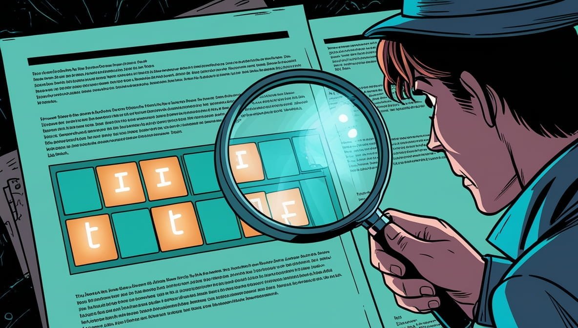 How to create invisible characters A detective examines a document with a magnifying glass. The document contains text and a grid with letter tiles "I", "t", and "F". The scene is mysterious.