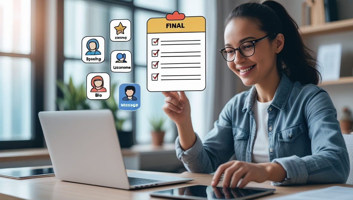 How to create invisible characters Smiling woman at a desk with a laptop and tablet, pointing to a digital checklist labeled "Final." Icons for "Speech," "Bio," and "Message" float nearby.