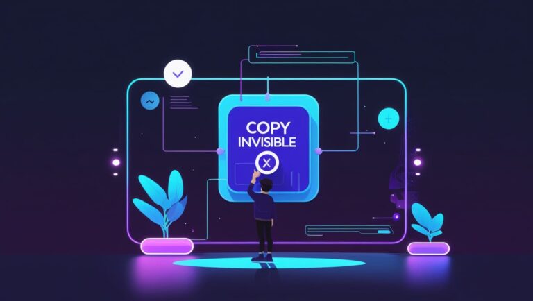 How to use Invisible Character Generator Tool A person interacts with a futuristic holographic interface titled "Copy Invisible." Neon blue and purple lights, digital elements, and plants create a tech-savvy atmosphere.