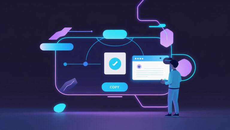 How to use Invisible Character Generator Tool A person interacts with a futuristic interface, featuring glowing pink and blue elements, nodes, and a "copy" button. The scene conveys a high-tech, innovative atmosphere.