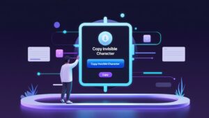 How to use Invisible Character Generator Tool 3D illustration of a person in a futuristic setting interacting with a large digital interface displaying "Copy Invisible Character." Neon lights and abstract elements create a tech-savvy atmosphere.