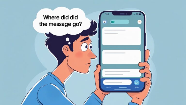 How to use Invisible Character Generator Tool Cartoon depicts a worried person holding a phone with a blank texting screen. A thought bubble asks, "Where did the message go?" Background is blue.