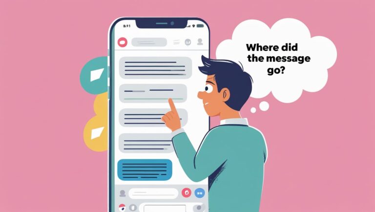 How to use Invisible Character Generator Tool A person pointing at a smartphone screen displaying a chat app. The background is pink, and a thought bubble reads, "Where did the message go?"