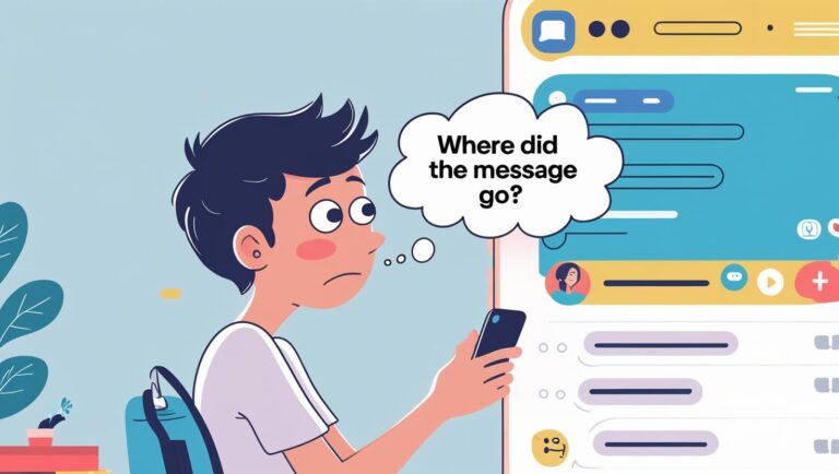 How to use Invisible Character Generator Tool A worried cartoon boy holds a smartphone, thinking, "Where did the message go?" A large message bubble is displayed on a screen, showing confusion.