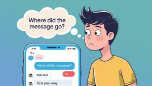 Cartoon of a worried boy looking at a smartphone showing mixed-up text messages. A thought bubble asks, "Where did the message go?" Background is teal.