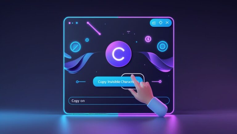 How to use Invisible Character Generator Tool Futuristic digital interface with a glowing letter "C" button and neon elements. A hand clicks "Copy Invisible Character," conveying tech innovation.