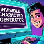 Illustration of a cheerful person using a computer with “Invisible Character Generator Tool” on the screen. The setting is colorful and futuristic.