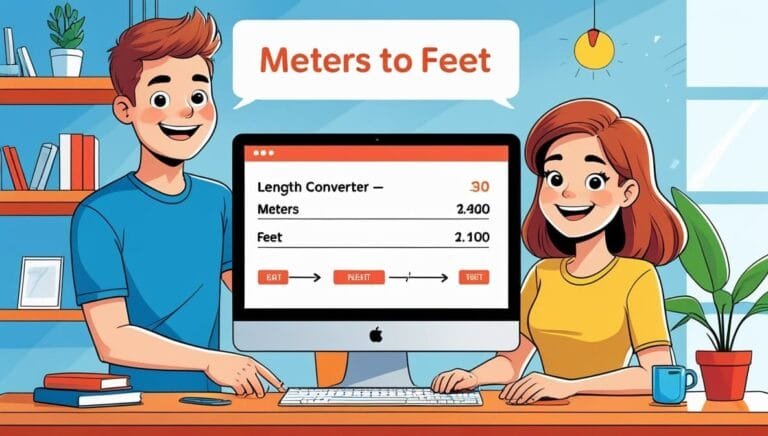 A man and woman smiling beside a computer displaying and Showing Length Converter Tool "Meters to Feet" converter. The room has books, a plant, and a modern, cheerful vibe.