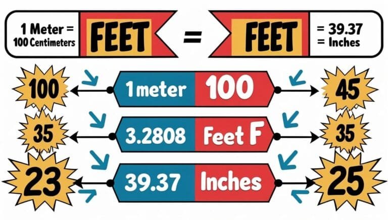 Alt text: Diagram illustrating conversions between meters, feet, and inches. Includes equations and conversions with arrows, colorful blocks, and numbers.