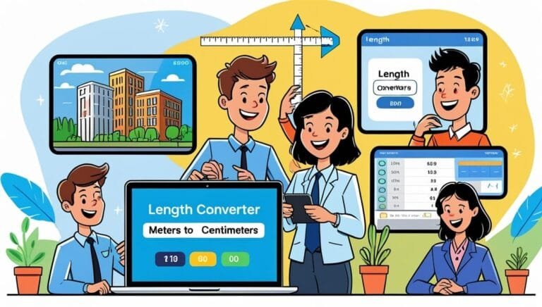 Illustration of four cheerful people using length conversion software on various devices. A large ruler stands in the background. The scene is bright and educational.
