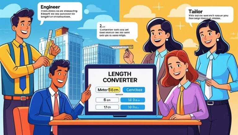 A cheerful office scene with diverse professionals surrounding a "Length Converter" screen on a table. They appear engaged and collaborative.