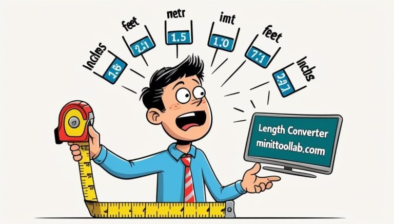 Cartoon of a confused man holding a tape measure, surrounded by conversion values like inches and feet. A screen displays "Length Converter minitoolab.com."
