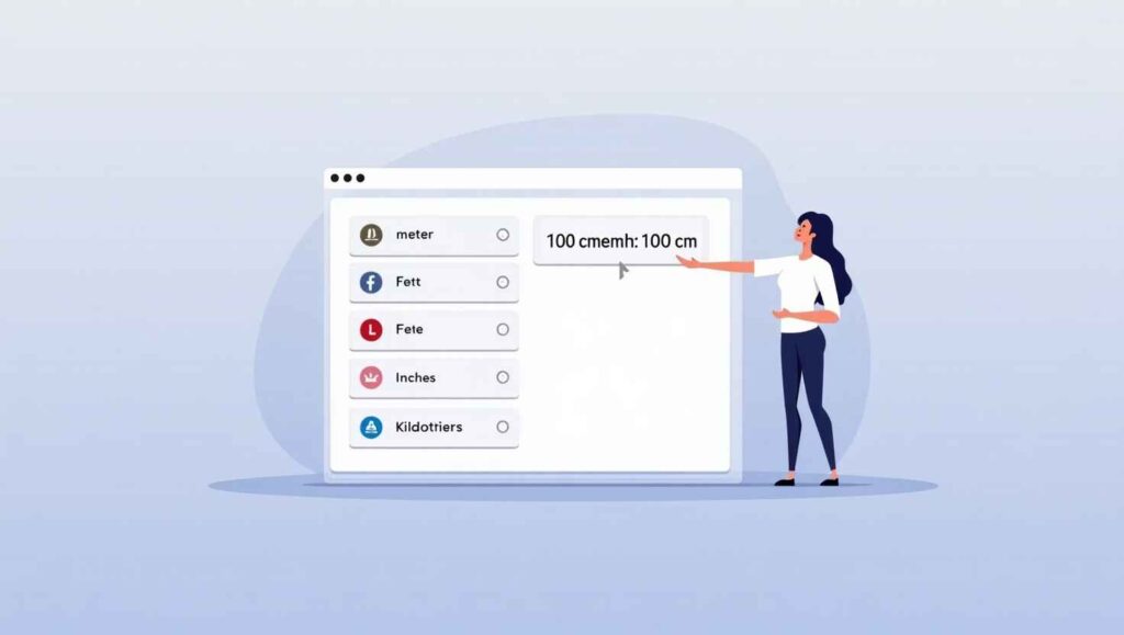 Modern online Length Converter Tool interface with dropdown unit selectors for meters, feet, and inches, clean design and real-time result display
