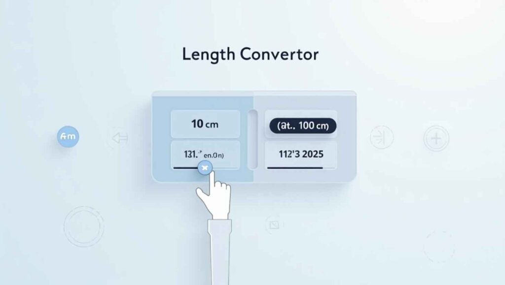 Modern online Length Converter Tool interface with dropdown unit selectors for meters, feet, and inches, clean design and real-time result display