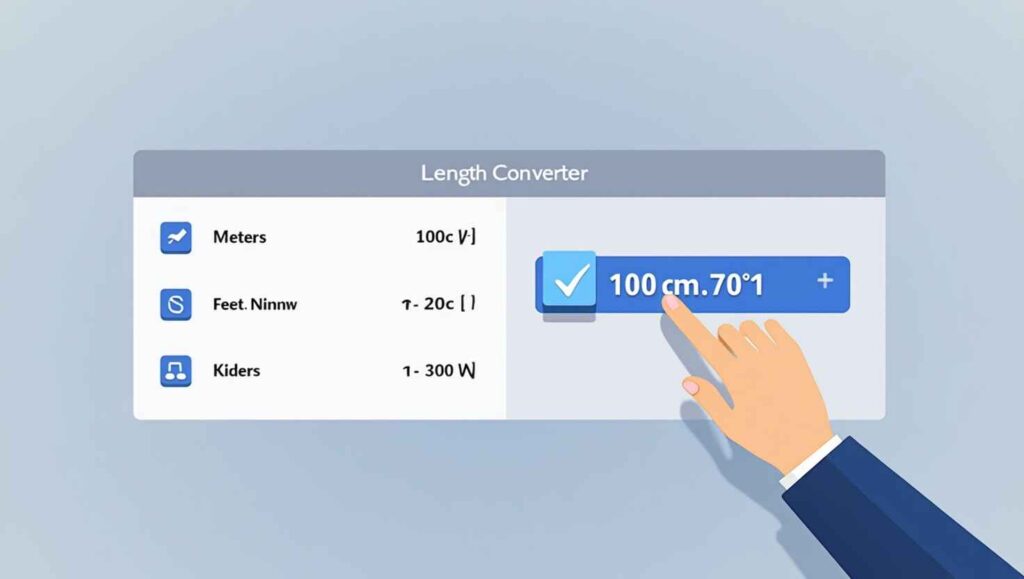Modern online Length Converter Tool interface with dropdown unit selectors for meters, feet, and inches, clean design and real-time result display