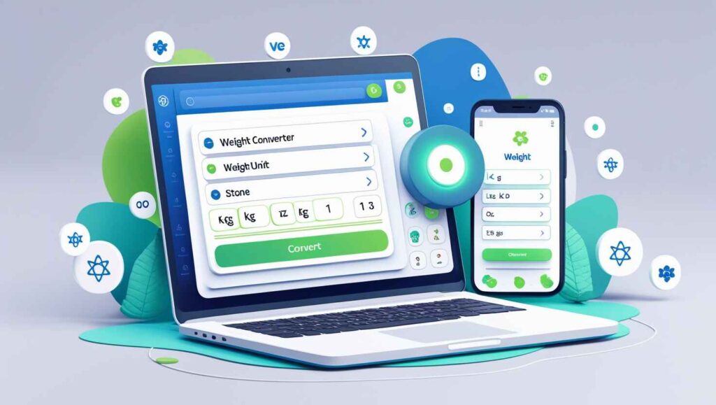 Illustration of a modern online Weight Converter Tool user interface displayed on laptop and smartphone screens, with surrounding weight unit icons like kilogram (kg), pound (lb), ounce (oz), and carat. Includes bold header text saying 'Free Weight Converter Tool – Convert Any Unit Instantly'. Ideal for tech utility blog design