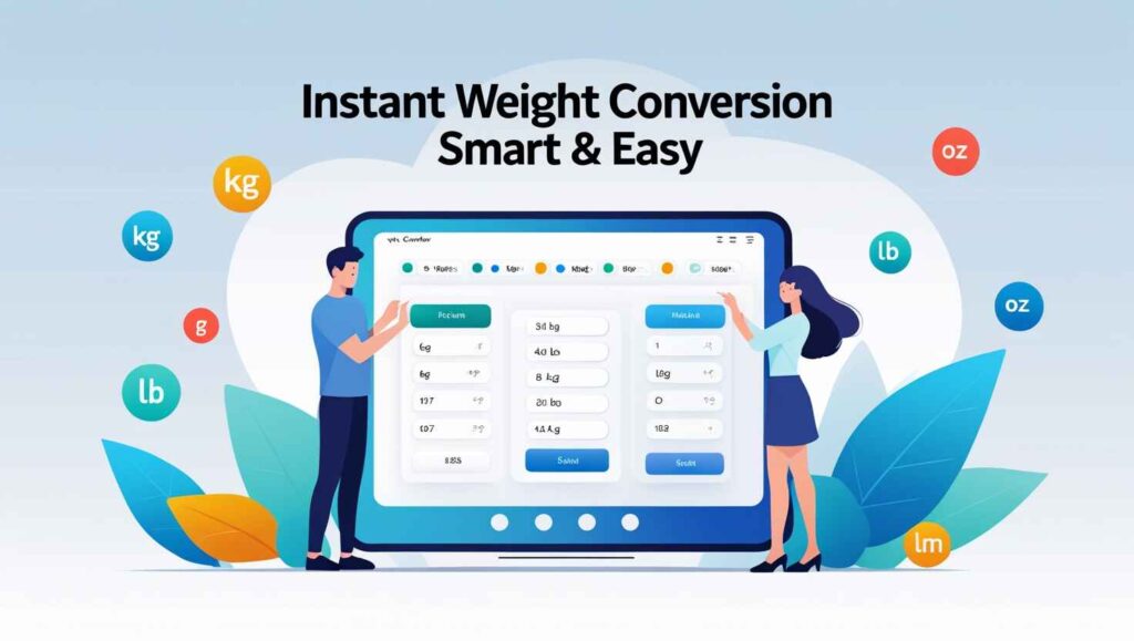 Illustration of a modern online Weight Converter Tool user interface displayed on laptop and smartphone screens, with surrounding weight unit icons like kilogram (kg), pound (lb), ounce (oz), and carat. Includes bold header text saying 'Free Weight Converter Tool – Convert Any Unit Instantly'. Ideal for tech utility blog design