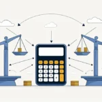 Weight Converter Tool Illustration of a calculator between scales balancing coins, surrounded by small clouds. Arrows suggest financial calculations and balance.