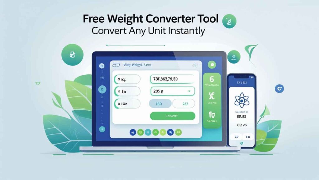 Illustration of a modern online Weight Converter Tool user interface displayed on laptop and smartphone screens, with surrounding weight unit icons like kilogram (kg), pound (lb), ounce (oz), and carat. Includes bold header text saying 'Free Weight Converter Tool – Convert Any Unit Instantly'. Ideal for tech utility blog design