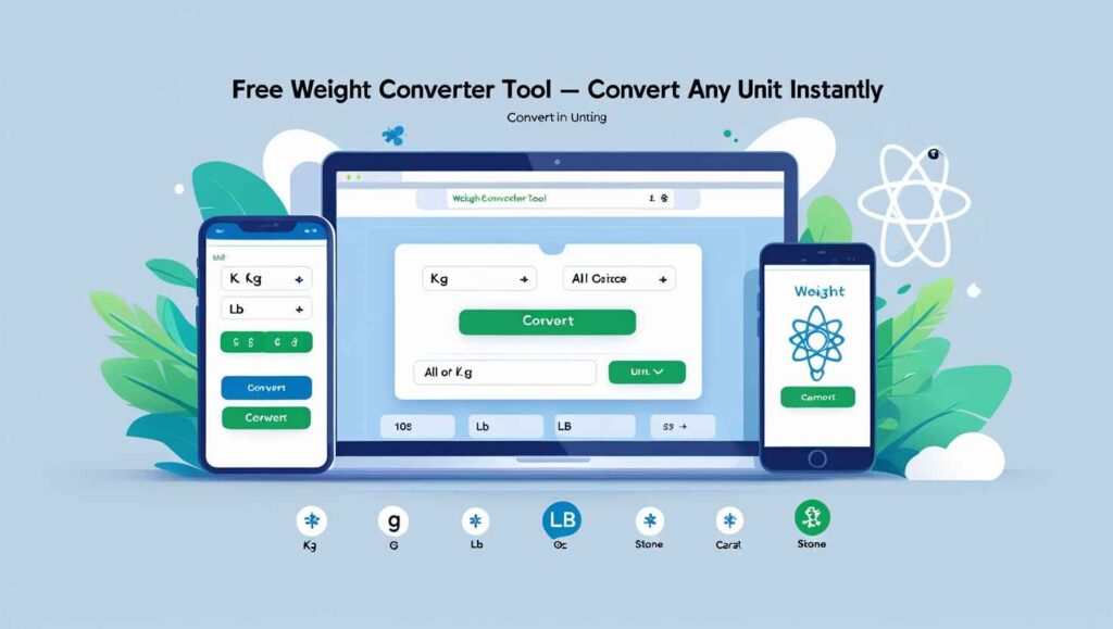 Illustration of a modern online Weight Converter Tool user interface displayed on laptop and smartphone screens, with surrounding weight unit icons like kilogram (kg), pound (lb), ounce (oz), and carat. Includes bold header text saying 'Free Weight Converter Tool – Convert Any Unit Instantly'. Ideal for tech utility blog design