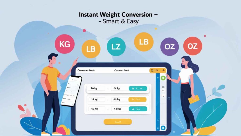 Illustration of a modern online Weight Converter Tool user interface displayed on laptop and smartphone screens, with surrounding weight unit icons like kilogram (kg), pound (lb), ounce (oz), and carat. Includes bold header text saying 'Free Weight Converter Tool – Convert Any Unit Instantly'. Ideal for tech utility blog design