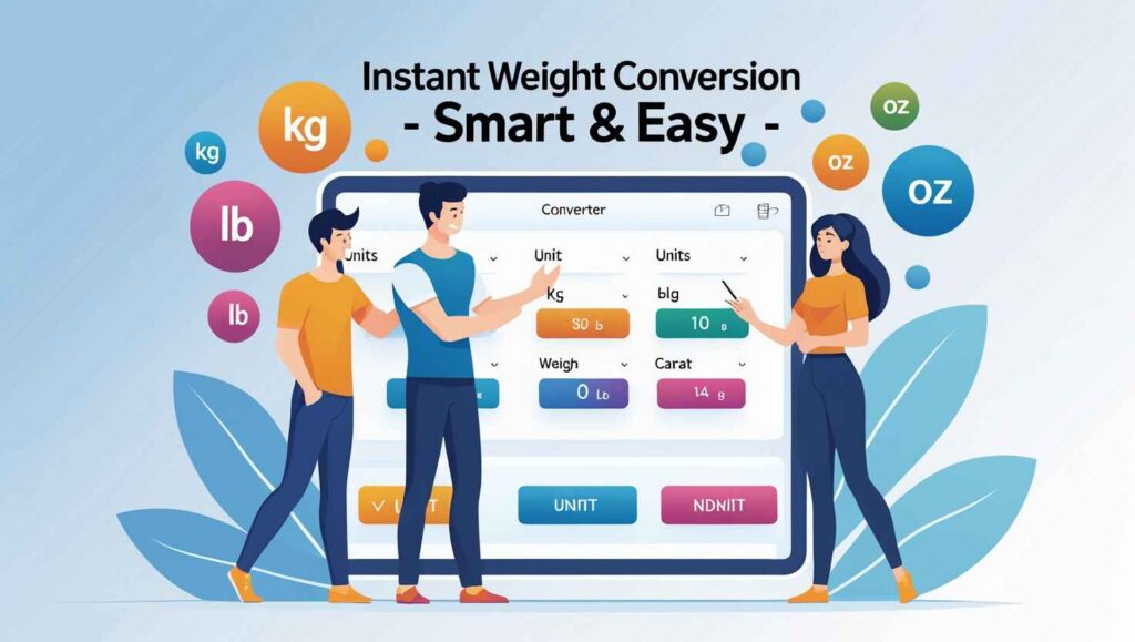 Illustration of a modern online Weight Converter Tool user interface displayed on laptop and smartphone screens, with surrounding weight unit icons like kilogram (kg), pound (lb), ounce (oz), and carat. Includes bold header text saying 'Free Weight Converter Tool – Convert Any Unit Instantly'. Ideal for tech utility blog design