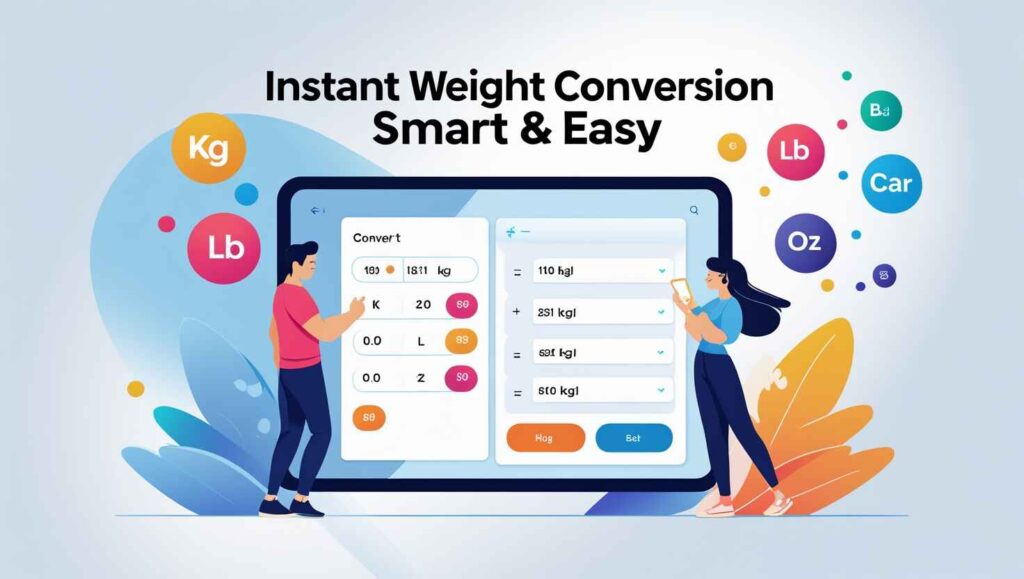 Illustration of a modern online Weight Converter Tool user interface displayed on laptop and smartphone screens, with surrounding weight unit icons like kilogram (kg), pound (lb), ounce (oz), and carat. Includes bold header text saying 'Free Weight Converter Tool – Convert Any Unit Instantly'. Ideal for tech utility blog design