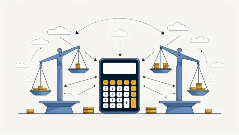 Weight-Converter-Tool Weight Converter Tool Illustration of a calculator between scales balancing coins, surrounded by small clouds. Arrows suggest financial calculations and balance.